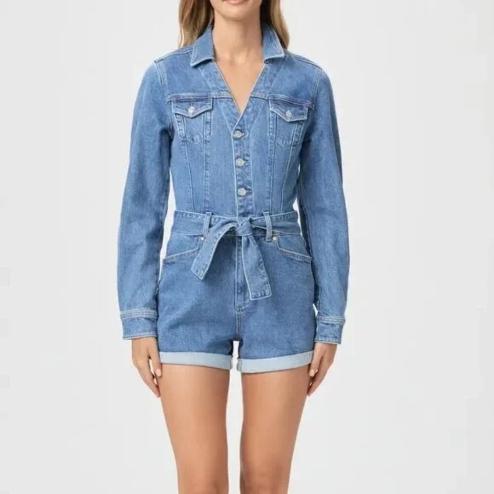 PAIGE Maggy Tie Waist Long Sleeve Denim Romper in Tracey - Picture 3 of 4